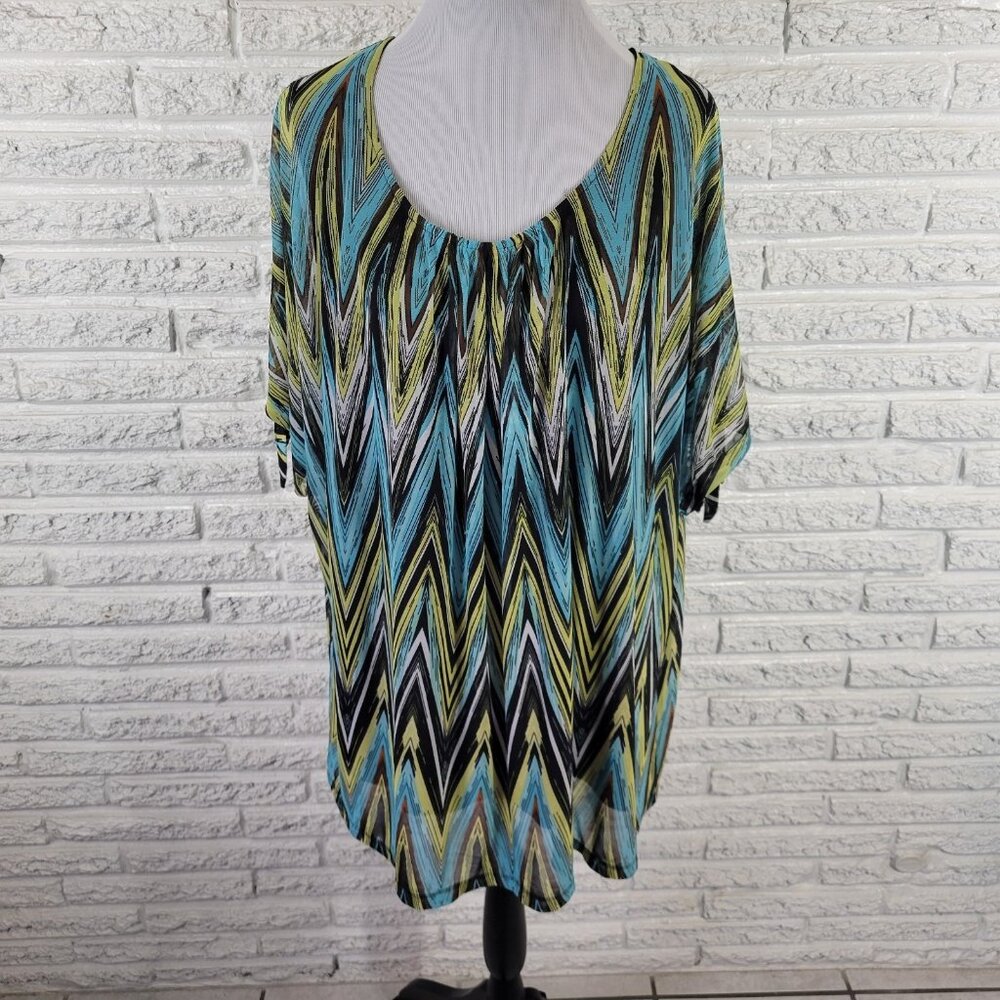 Catherines 2X Plus Size Tunic Top Blue Green Zig Zag Sheer Tied Sleeve GEO256XE